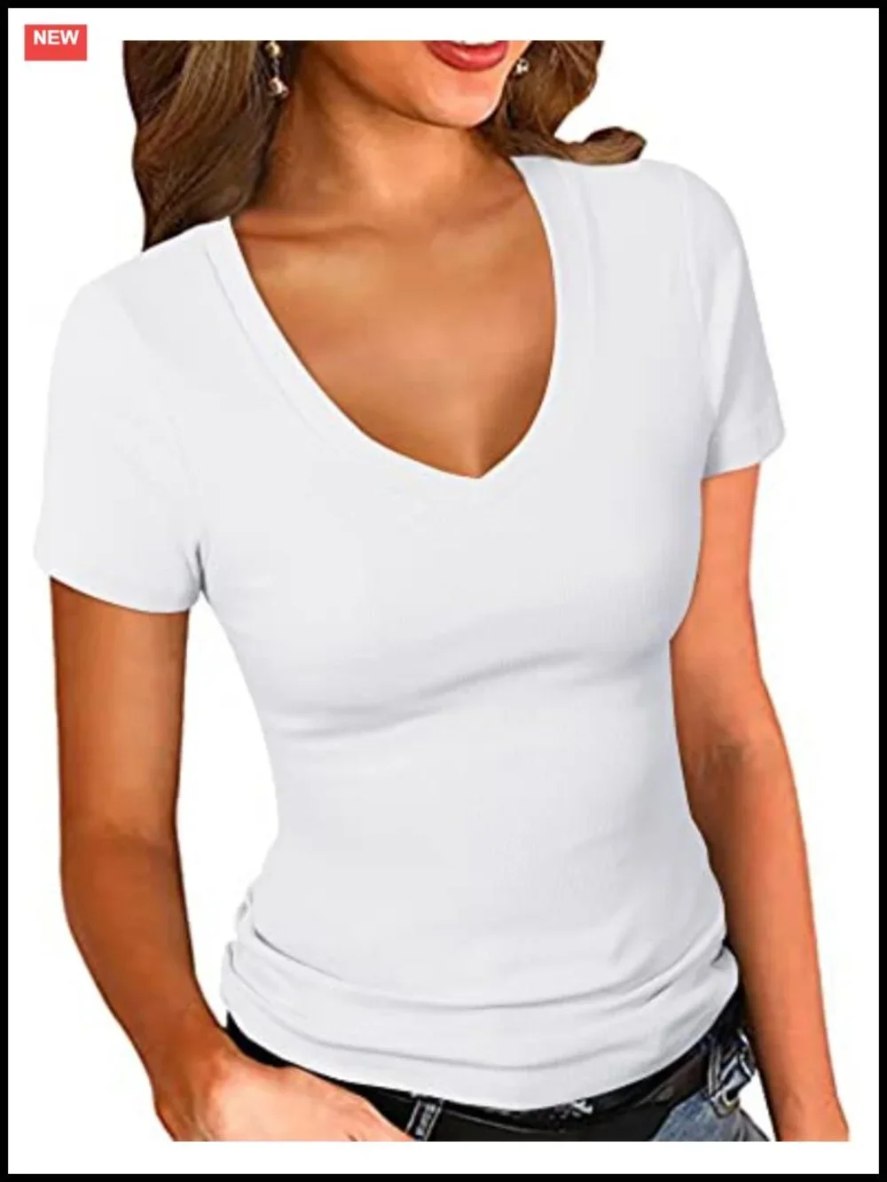Women's Ribbed Knit Fitted V-Neck Short Sleeve T-Shirt Bodycon Slim Fit Basic